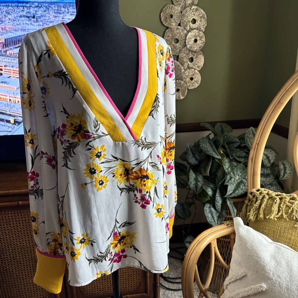Express Floral V-Neck Blouse w/Yellow and Pink Accents
